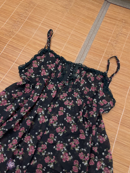 Black floral print button up sheer camisole