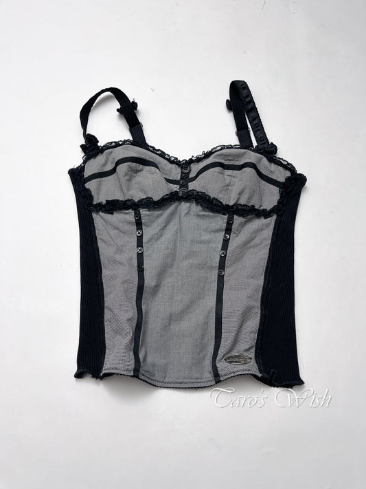 Lace Knit Patchwork Button Up Corset with Bows on the Straps
