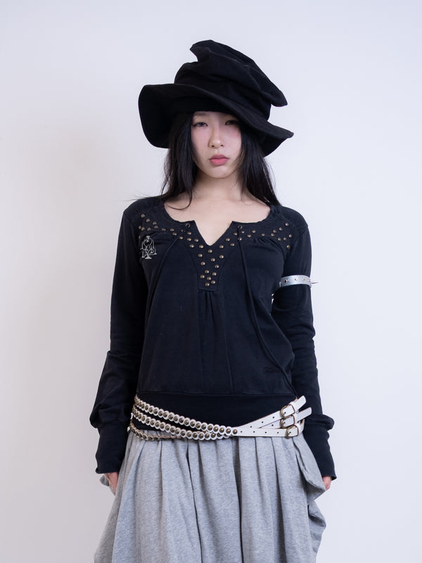 BLACK STUDDED LACE-UP LONG SLEEVE TOP