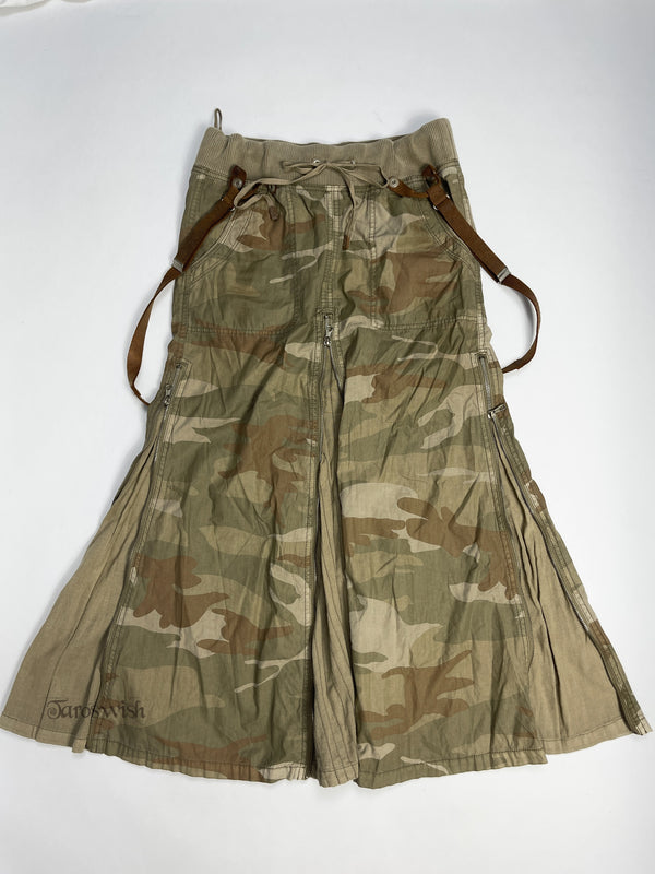 camo multi-zips maxi skirt with spenders, japanese label goa