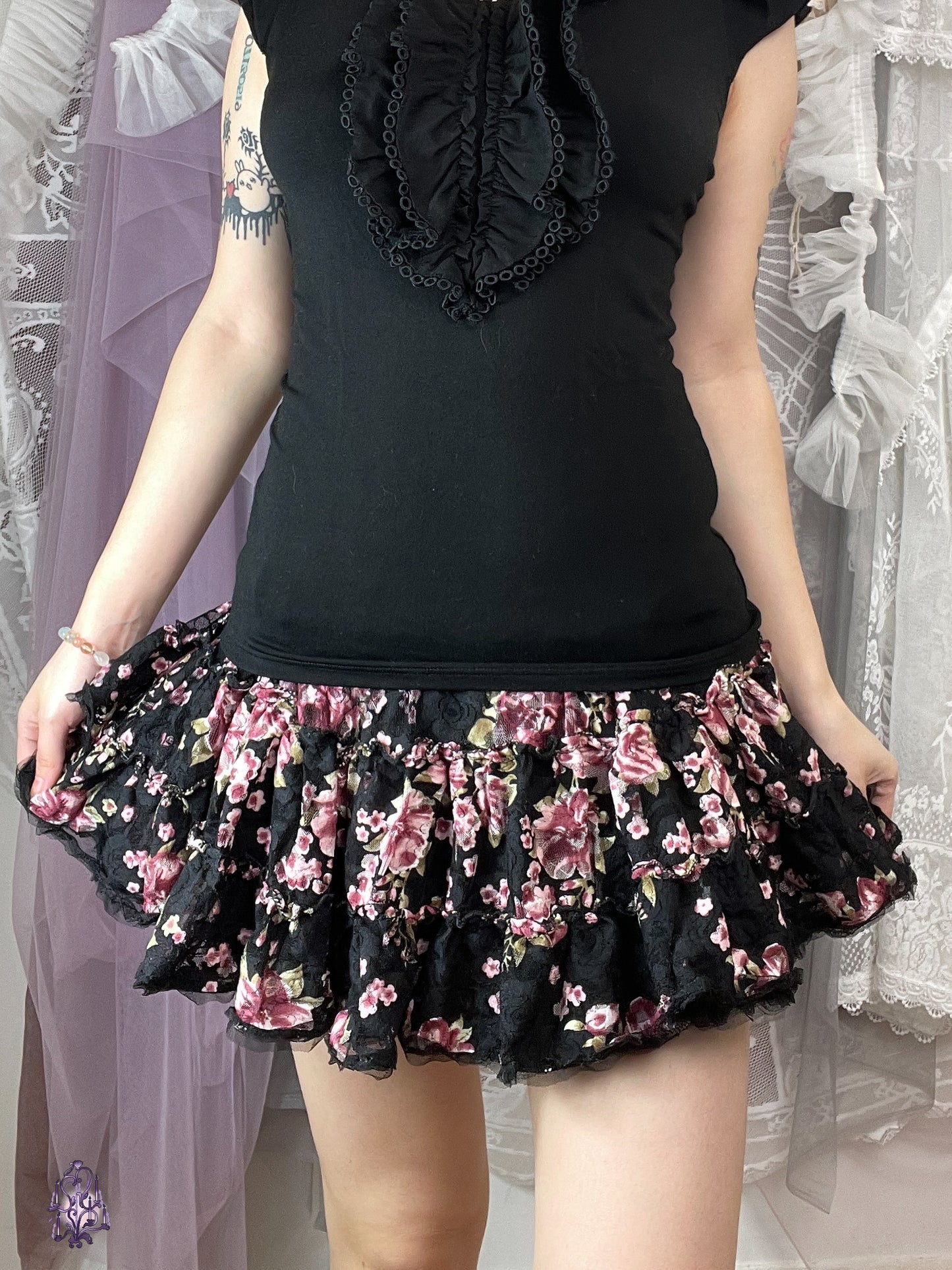 Japanese label rose print puff mini skirt