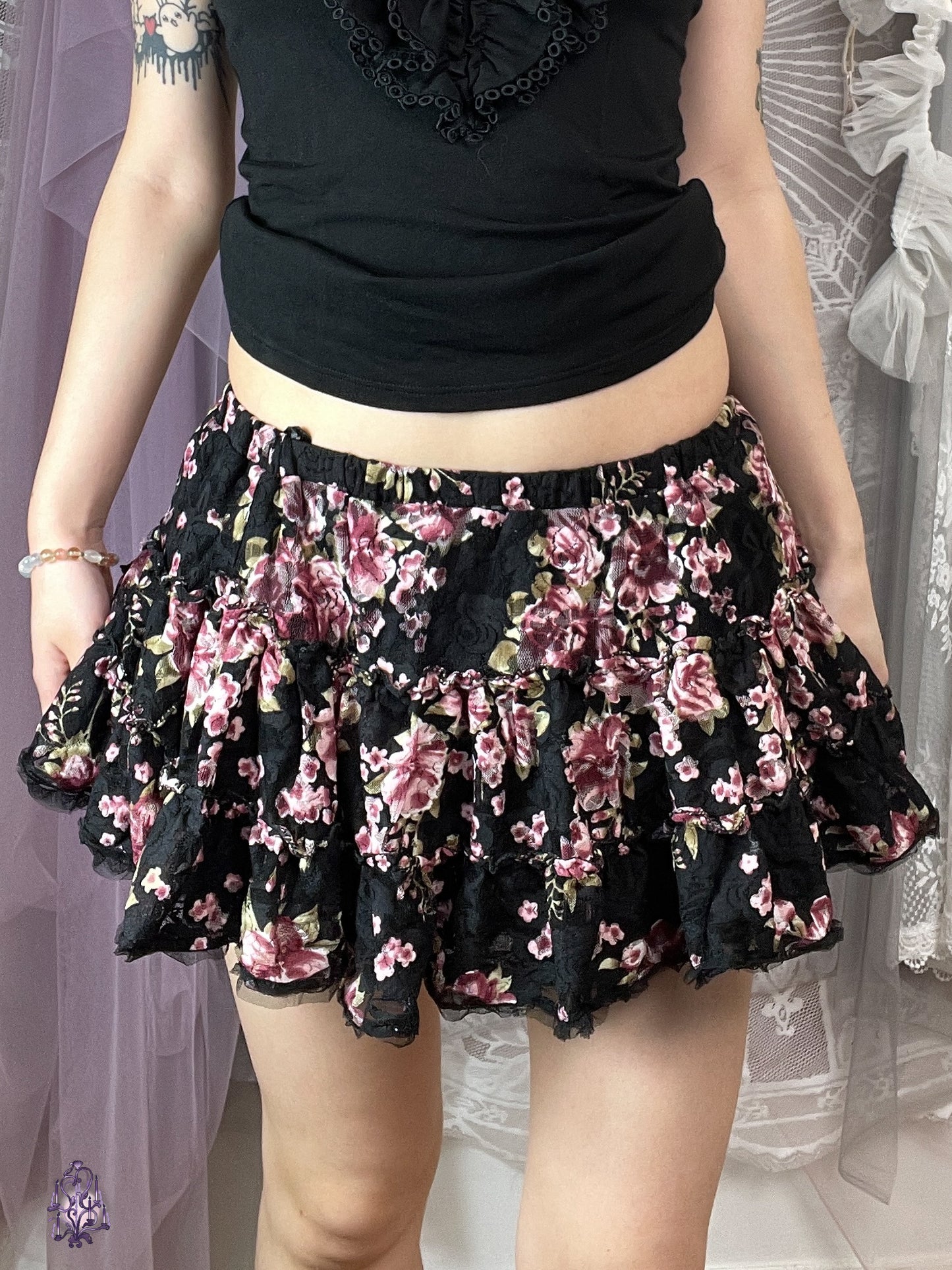 Japanese label rose print puff mini skirt