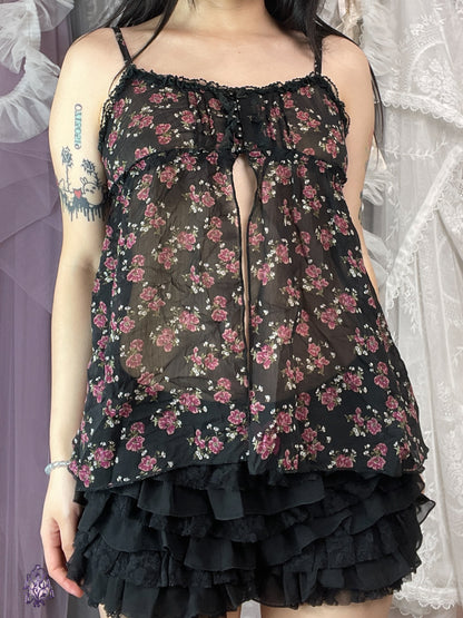 Black floral print button up sheer camisole