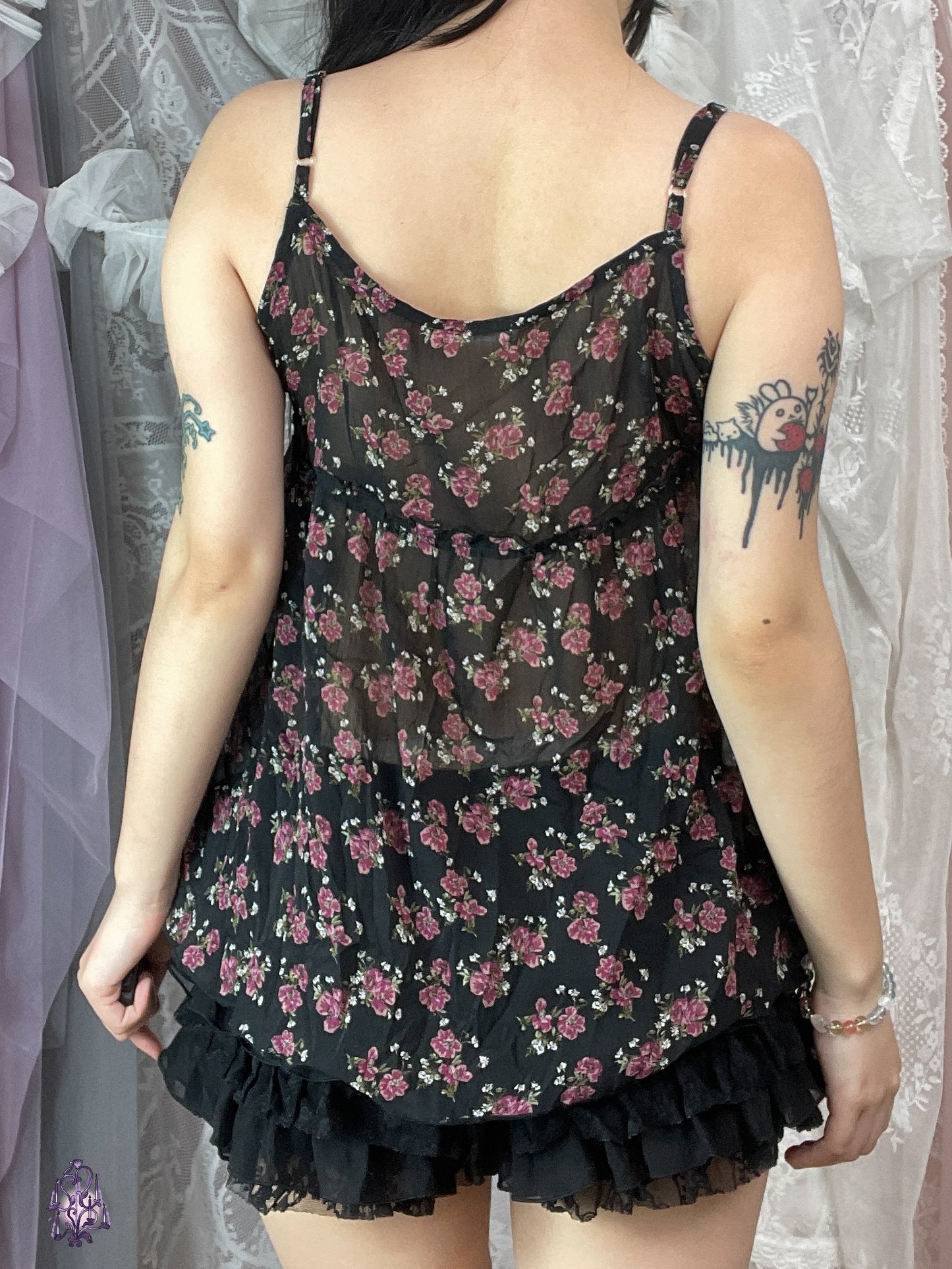 Black floral print button up sheer camisole