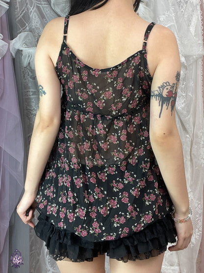 Black floral print button up sheer camisole