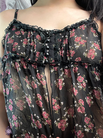 Black floral print button up sheer camisole