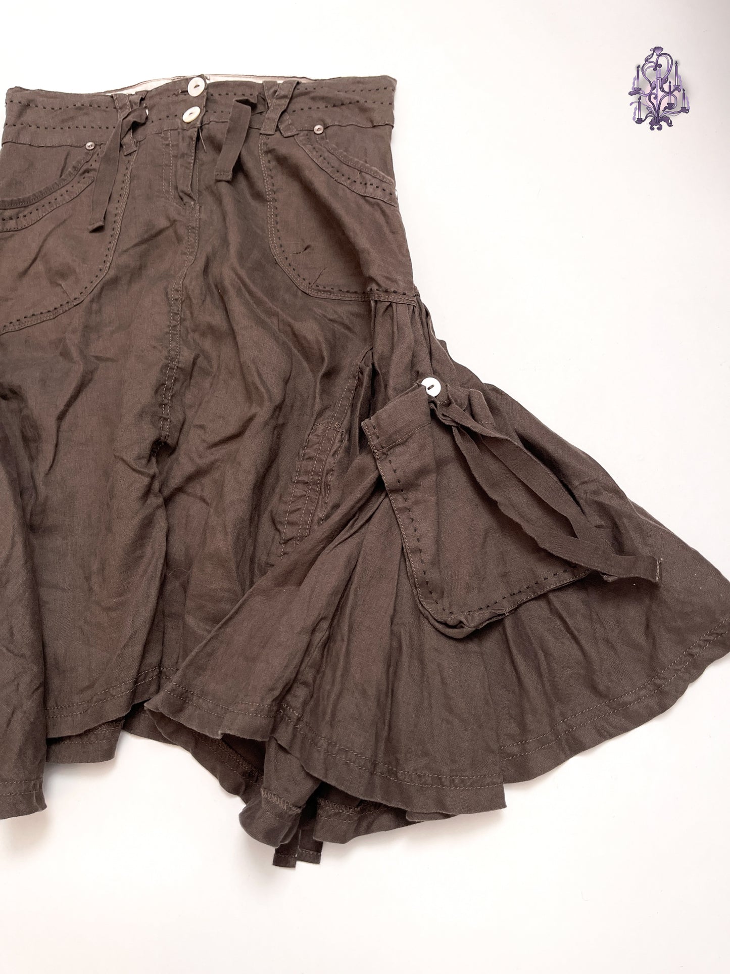 ruffle asymmetric brown midi skirt