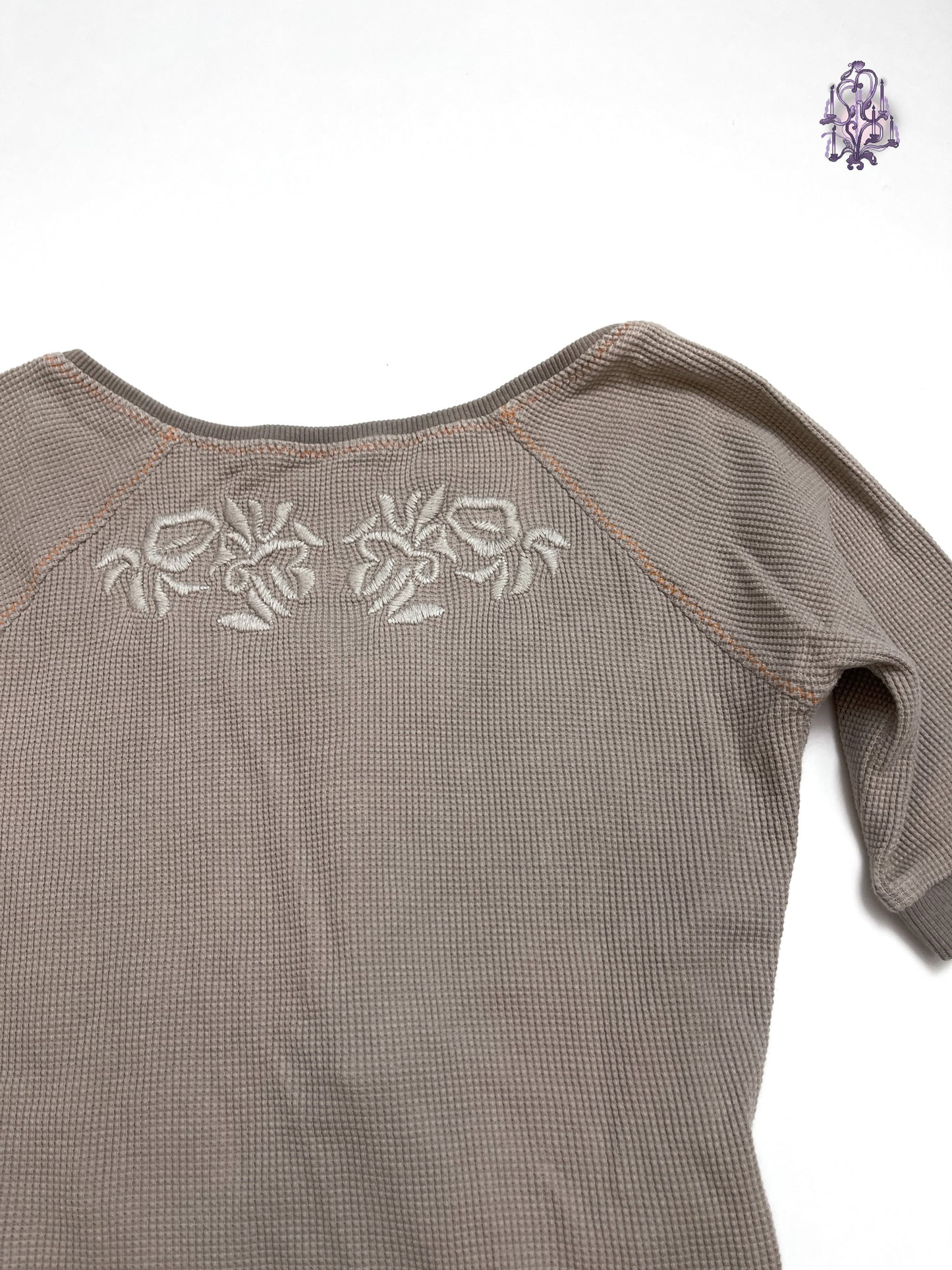 waffle texture button up top with flower embroidered, japanese label