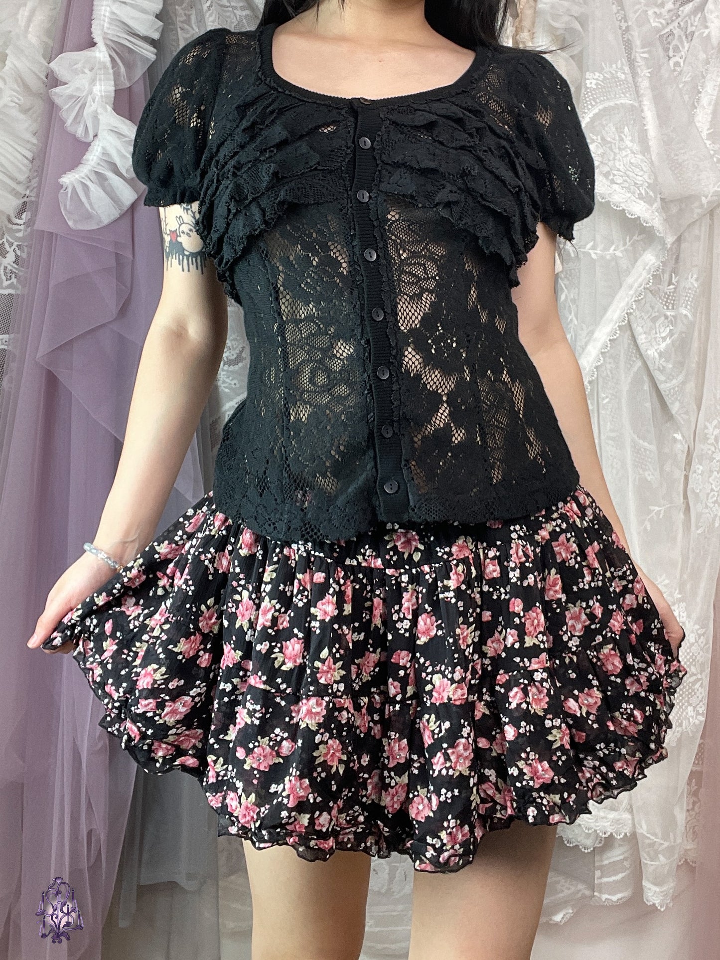 Japanese label rose print puff mini skirt