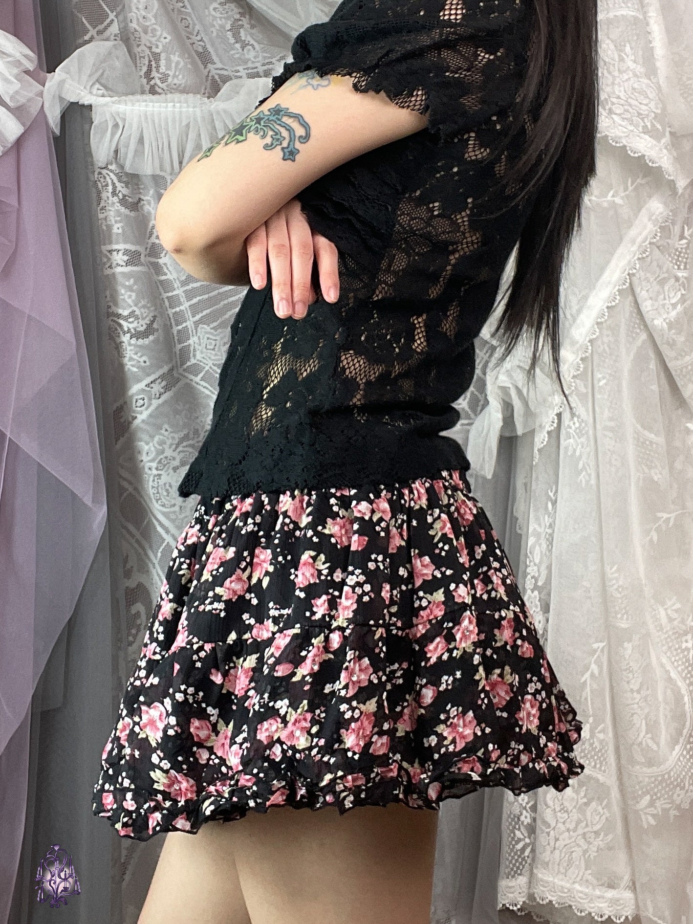 Japanese label rose print puff mini skirt