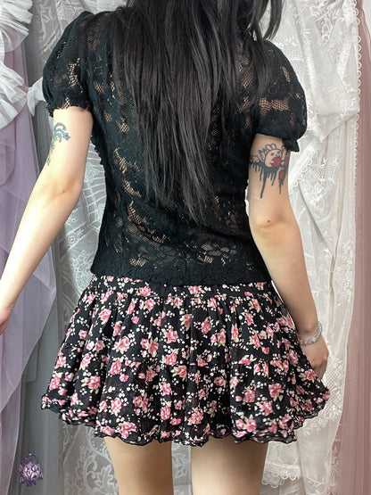 Japanese label rose print puff mini skirt