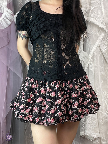 Japanese label rose print puff mini skirt