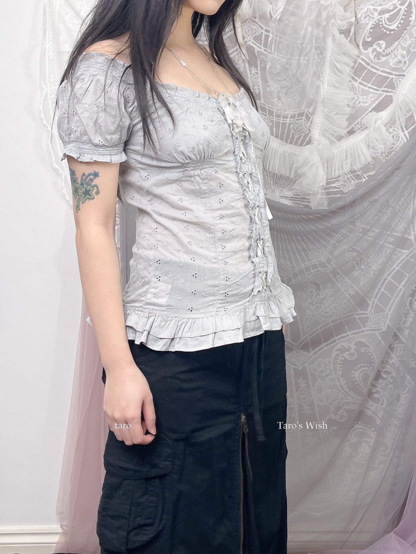 No Excuse Lace Up Eyelets Blouse in Grey