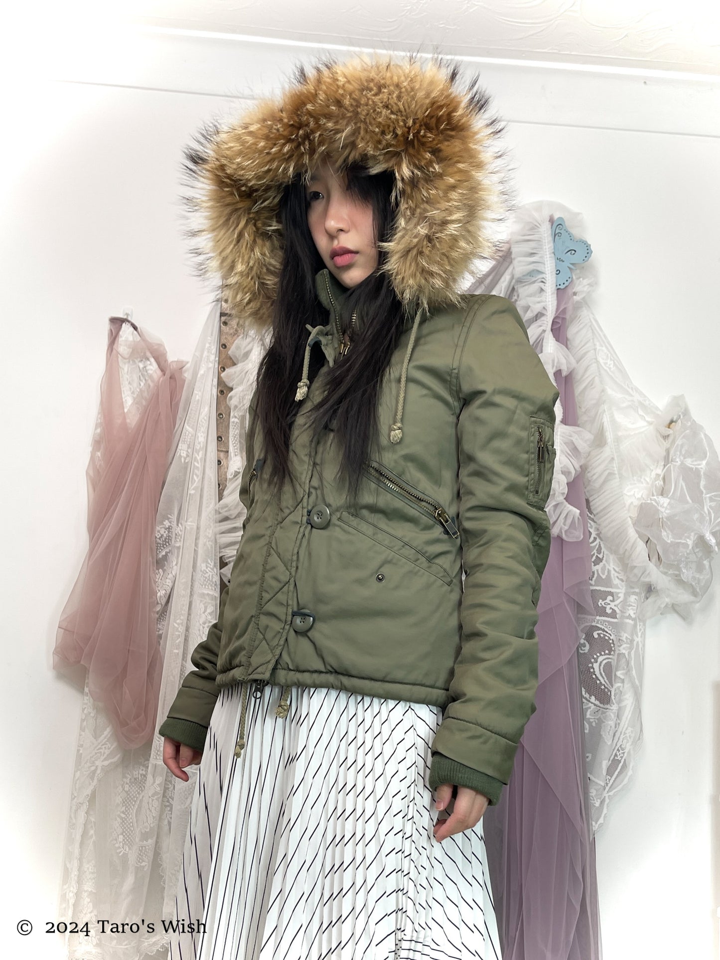 utility fur hood zip up parka jacket, japanese label