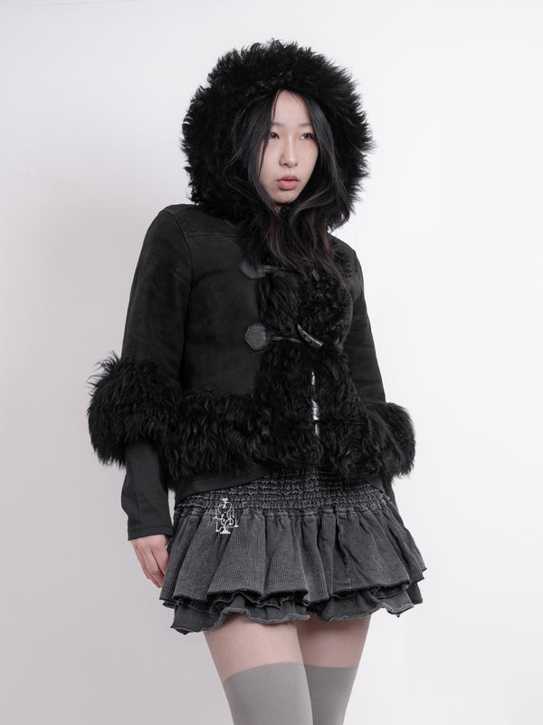 BLACK SHEARLING-TRIM HOODED TOGGLE COAT