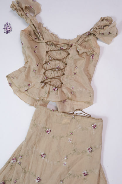 Milkmaid cottagecore lace up corset blouse and skirt set