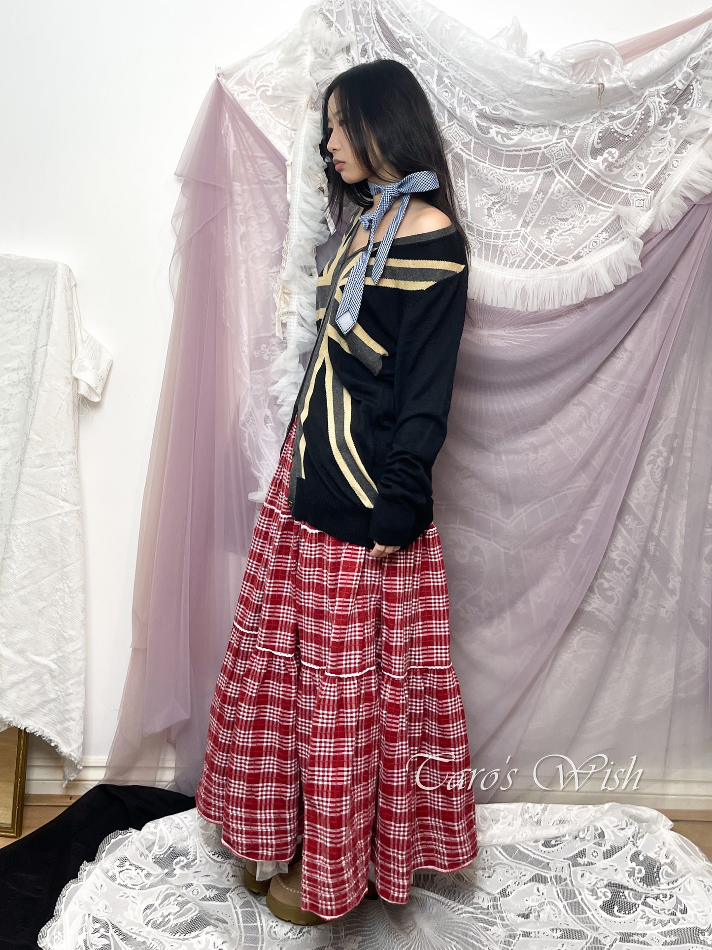 Pink House Red Tartan Maxi Skirt