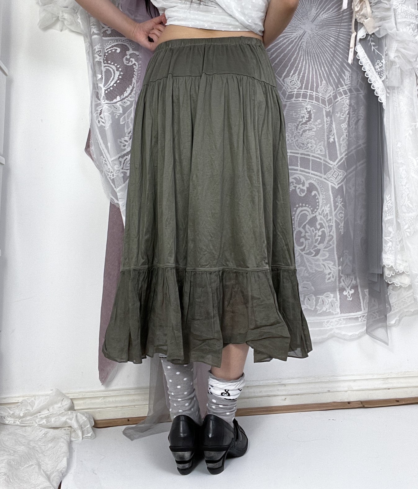 lining maxi skirt in green, japanese label zucca