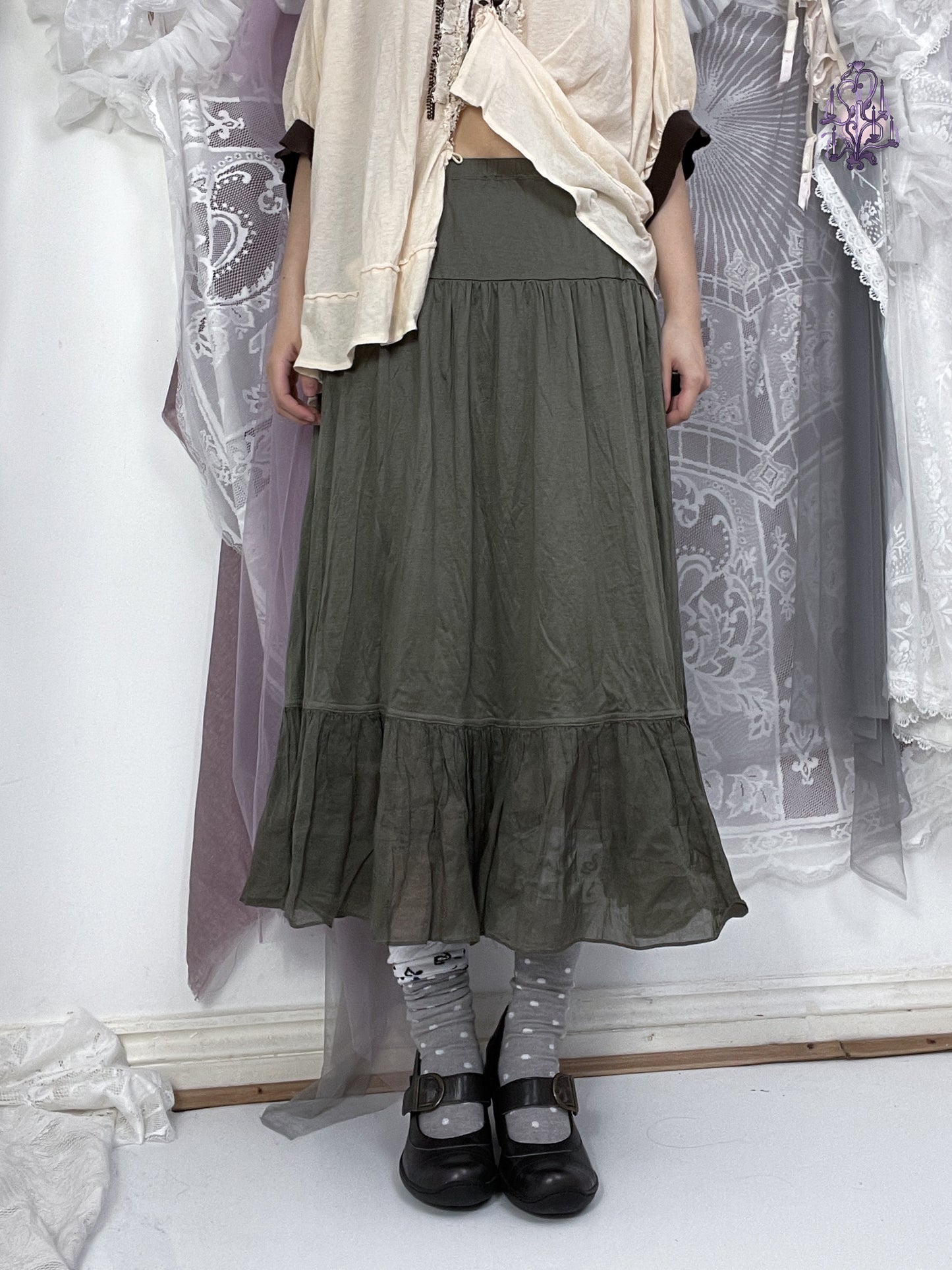 lining maxi skirt in green, japanese label zucca