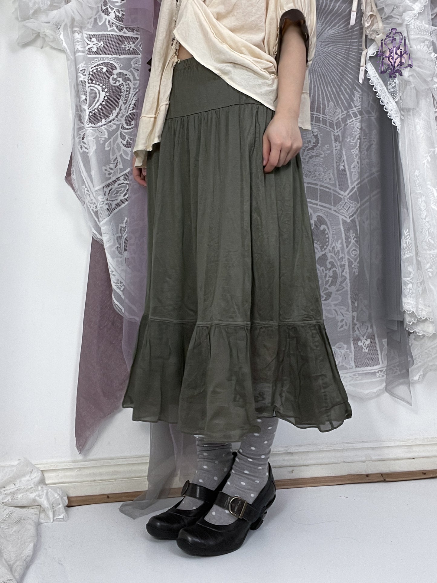 lining maxi skirt in green, japanese label zucca