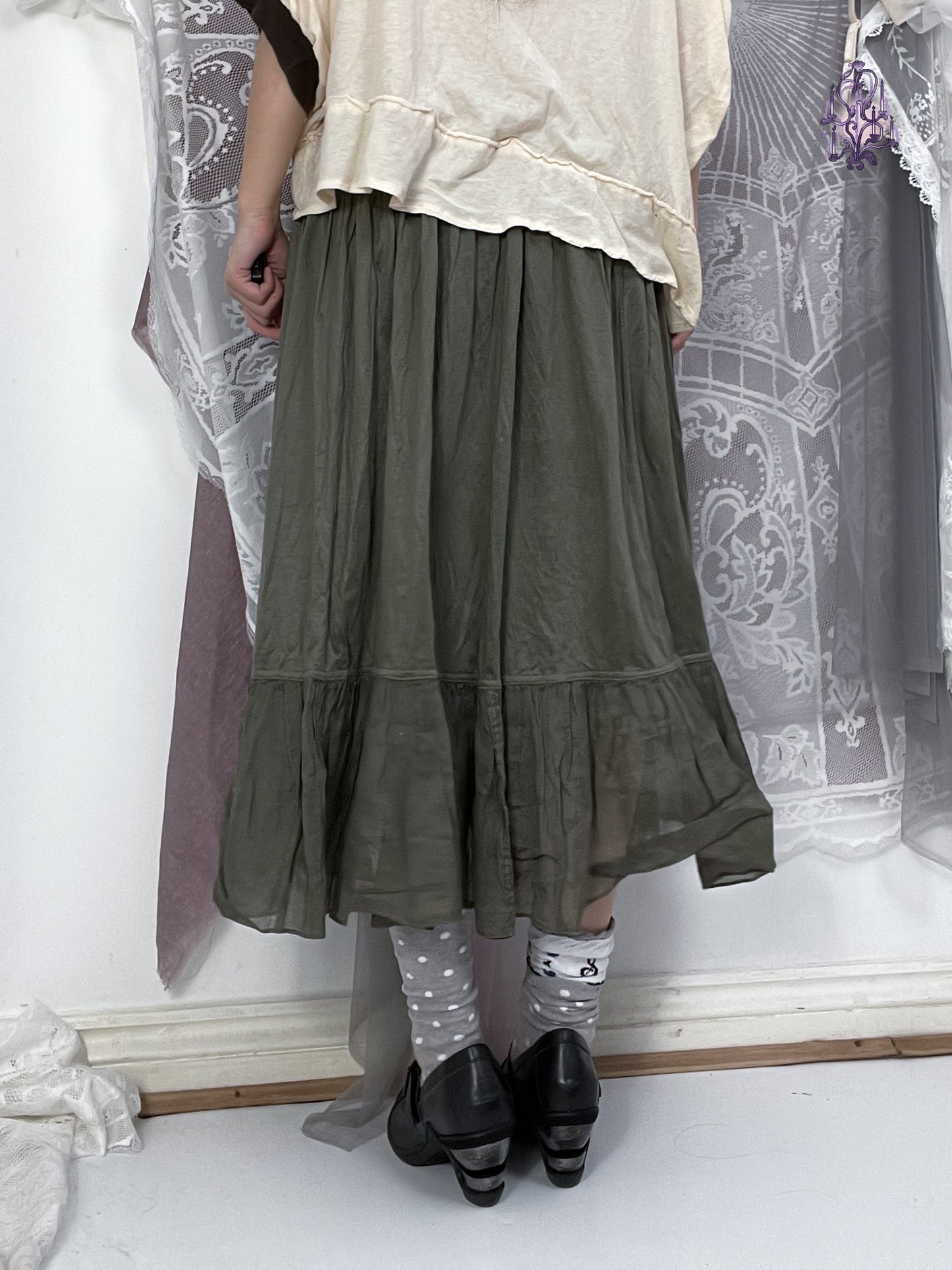 lining maxi skirt in green, japanese label zucca