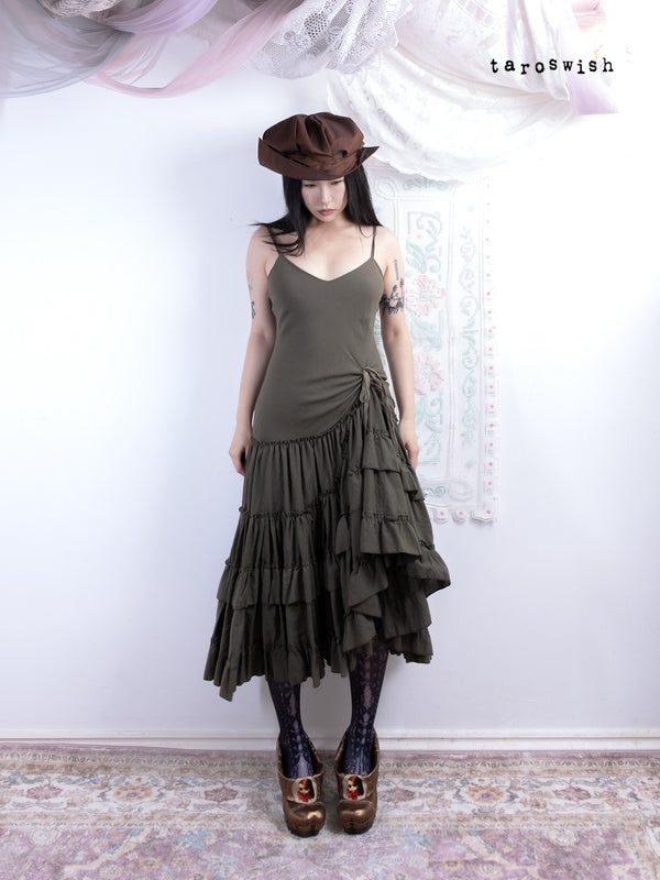 TIERED OLIVE ASYMMETRIC DRESS