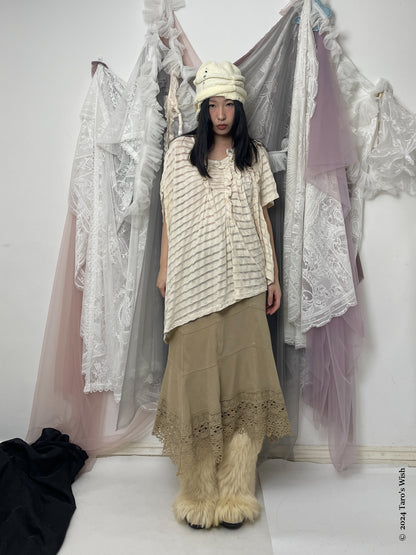 2 ways ruched semi sheer tee, japanese label Gomme Maki Hiroshige