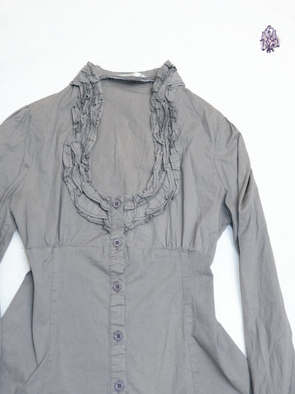 mushroom ruffle collar button up top, euro label