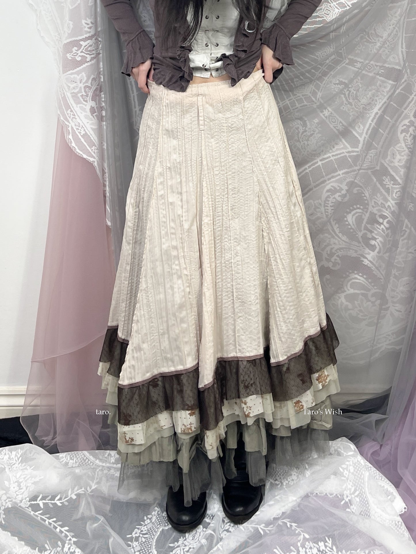 Italian Brand Maxi Skirt in Beige with Brown Floral Layers