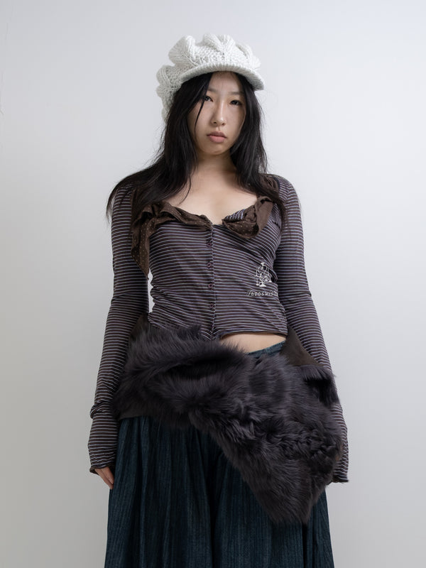 STRIPED DRAPED COLLAR CROPPED CARDIGAN