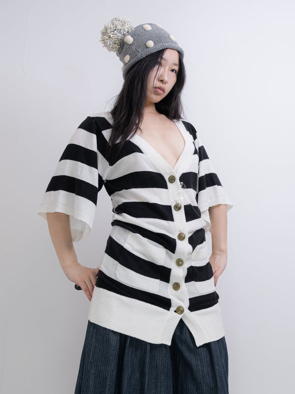 CECIL MCBEE STRIPED SHORT-SLEEVE BUTTON CARDIGAN