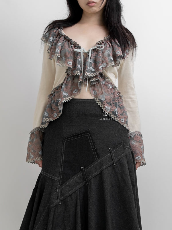 GRACE CONTINENTAL BEIGE LACE RUFFLE BELL-SLEEVE TOP