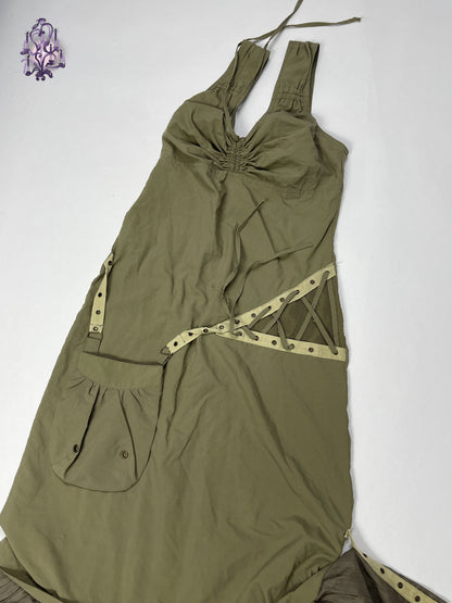 mystic siren asymmetrical khaki lace up dress, euro label