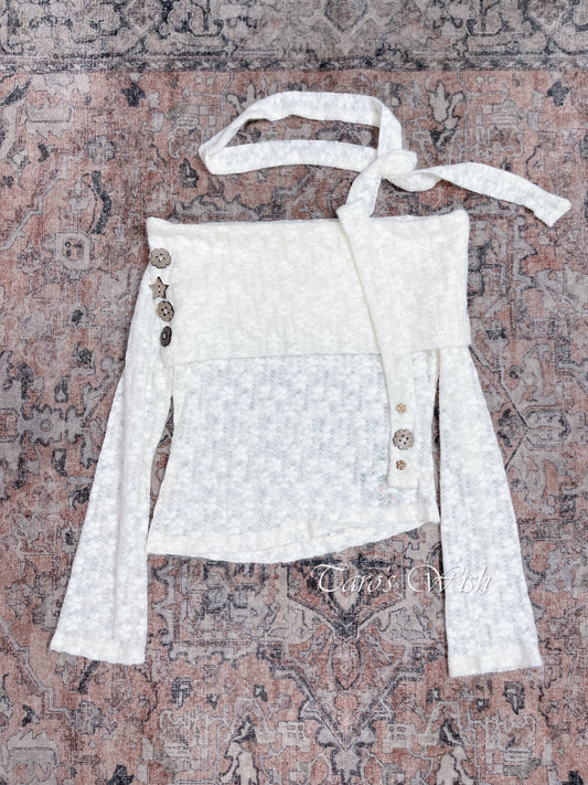 OMOIDAS Off Shoulder Long Sleeves Top in Adorable Star and Flower Shaped Buttons with Matched Scarf