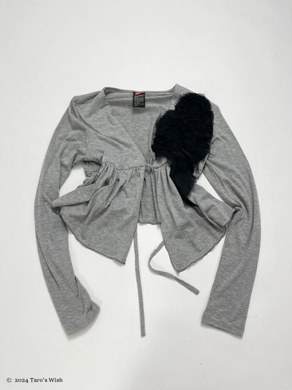 DOUBLE STANDARD asymmetric black ruffle details cardigan in grey