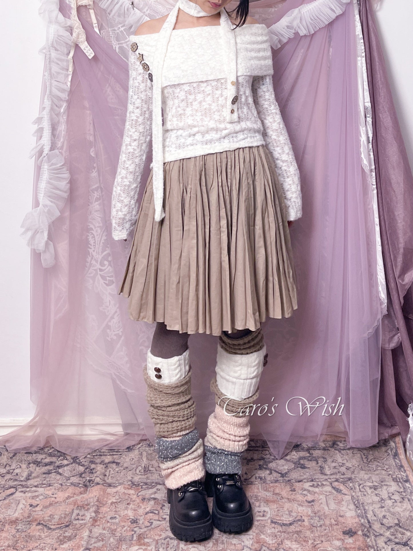 OMOIDAS Off Shoulder Long Sleeves Top in Adorable Star and Flower Shaped Buttons with Matched Scarf