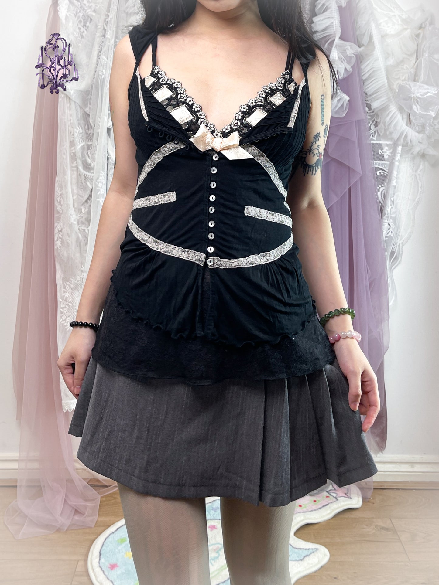 Dark coquette lace ribbon camisole