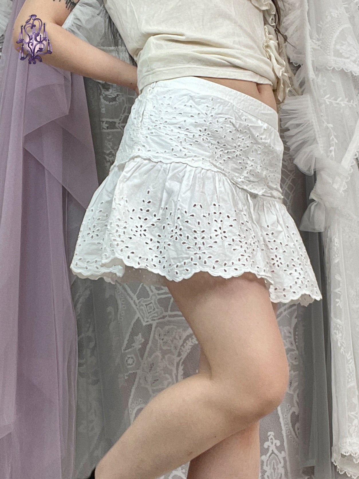 Cotton lace eyelets mini skirt