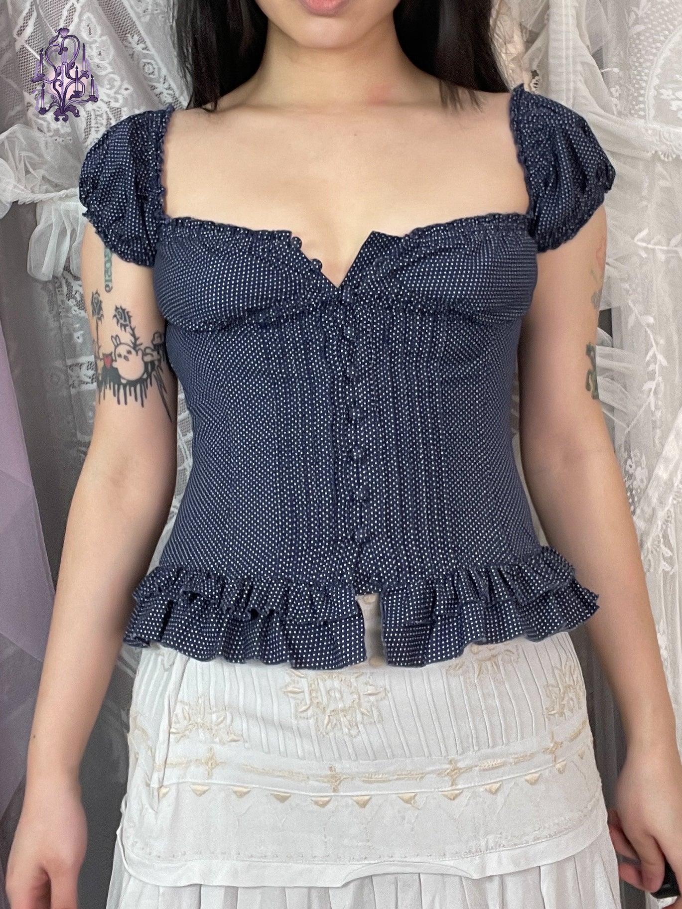 Double Standard button up polka dots milkmaid corset top in navy