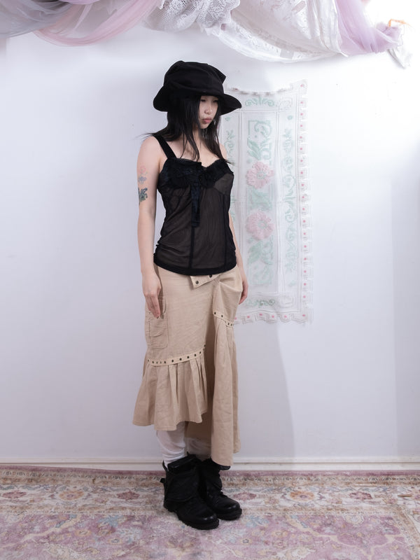 BLACK SHEER CORSET TOP WITH FLORAL APPLIQUÉ