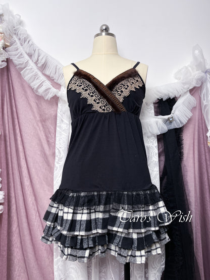 AXES FEMME Lace and Fur Trim Babydoll Camisole