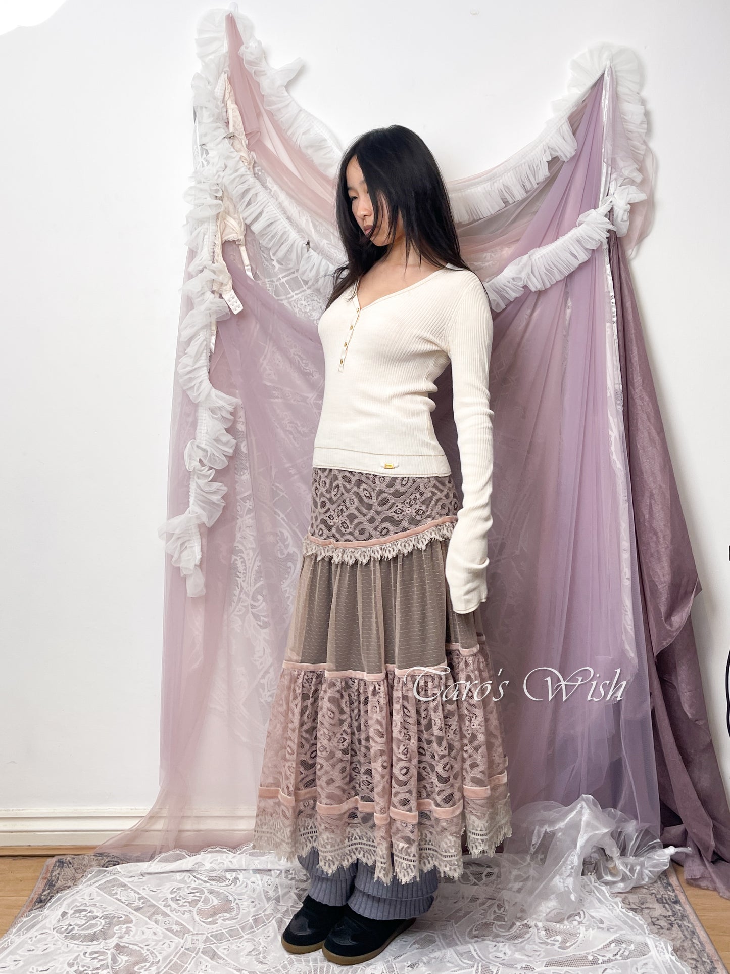 Hiroko Koshino Lace Tiered Maxi Skirt