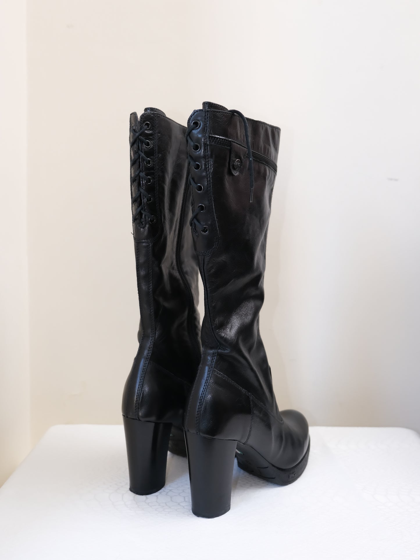 EU37 real leather lace up back boots in black, euro label