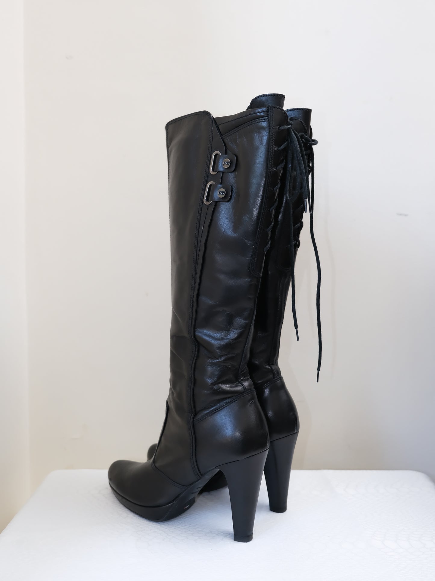 EU38 real leather lace up back boots in black, euro label