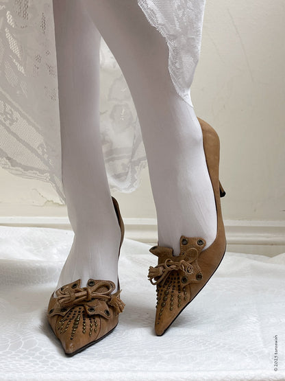 eu36.5 real leather studded and flower heels,