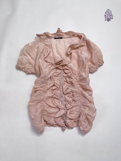 Morgan de toi peach pink mushroom ruched ruffle button up blouse