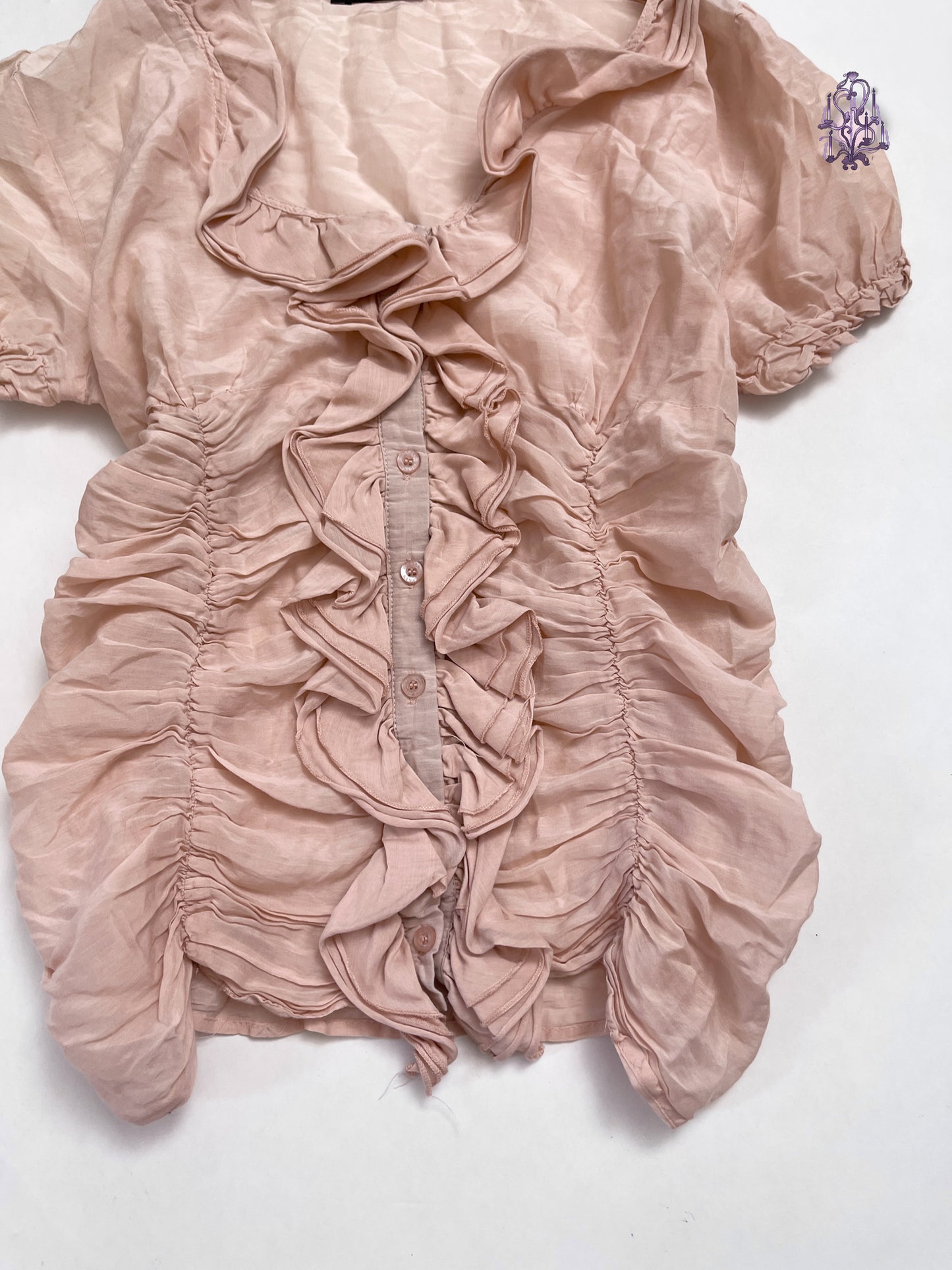 Morgan de toi peach pink mushroom ruched ruffle button up blouse