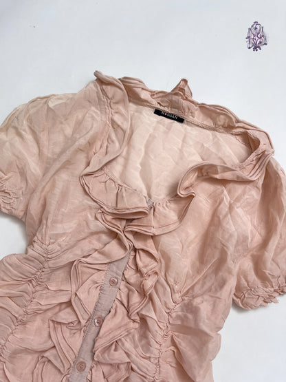 Morgan de toi peach pink mushroom ruched ruffle button up blouse