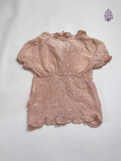 Morgan de toi peach pink mushroom ruched ruffle button up blouse