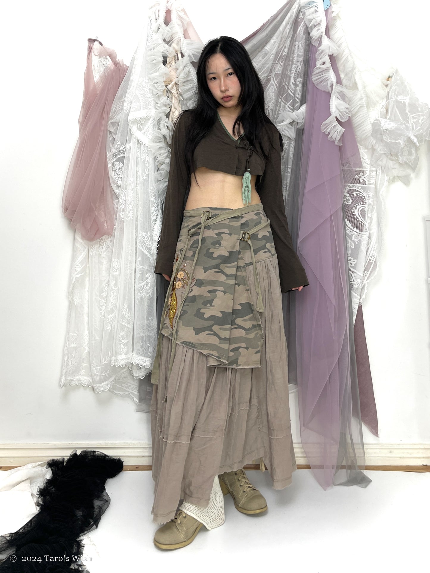 asymmetric camo multi belt maxi skirt, euro label